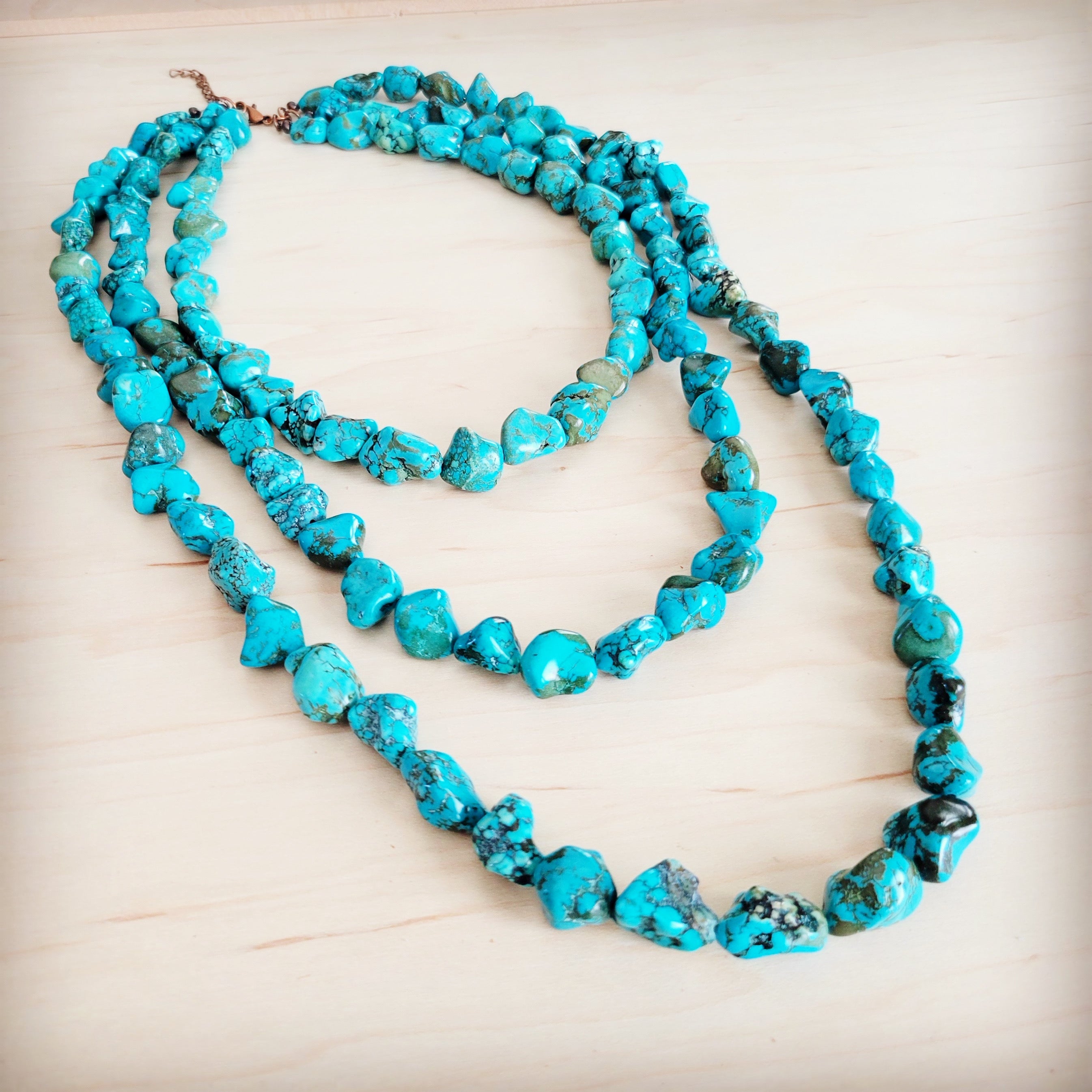 Genuine Blue Turquoise Triple Strand Necklace 259h