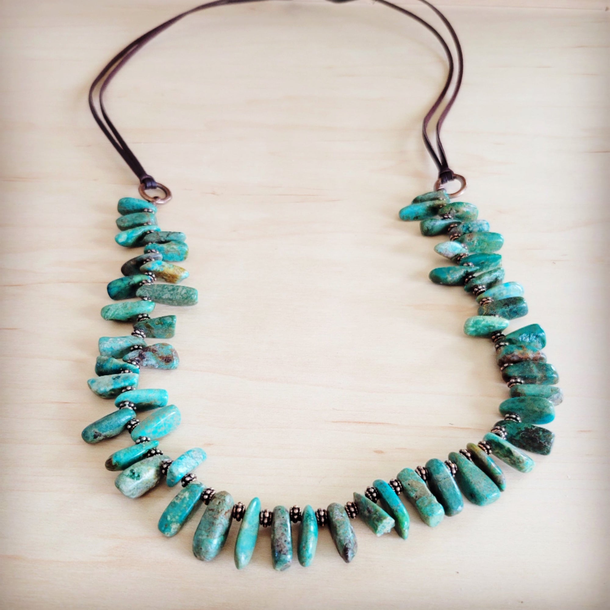 Natural Turquoise Stacked Stone Necklace with Leather Ties 263e