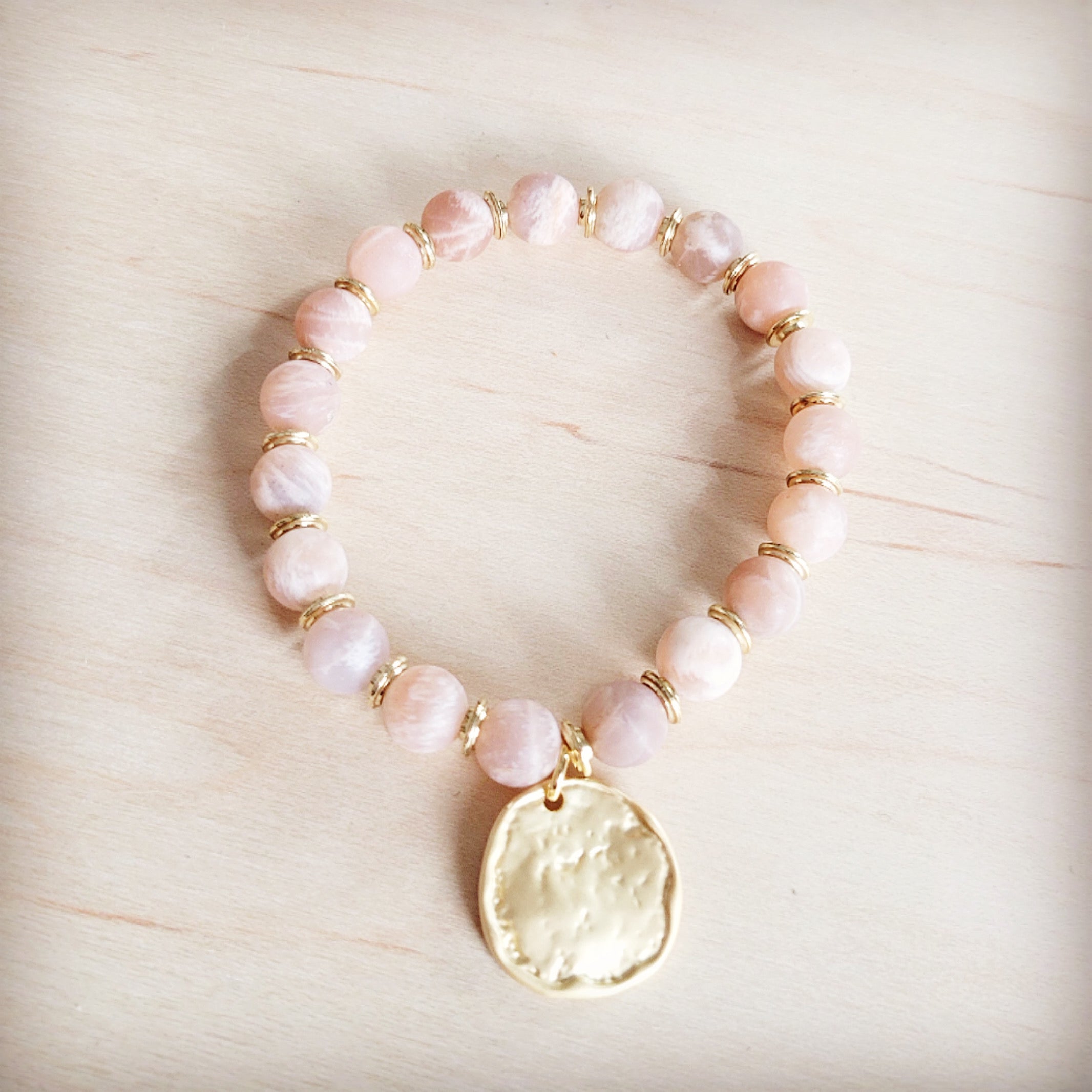 Frosted Sunstone Stretch Bracelet w/ Matte Gold Charm 811q