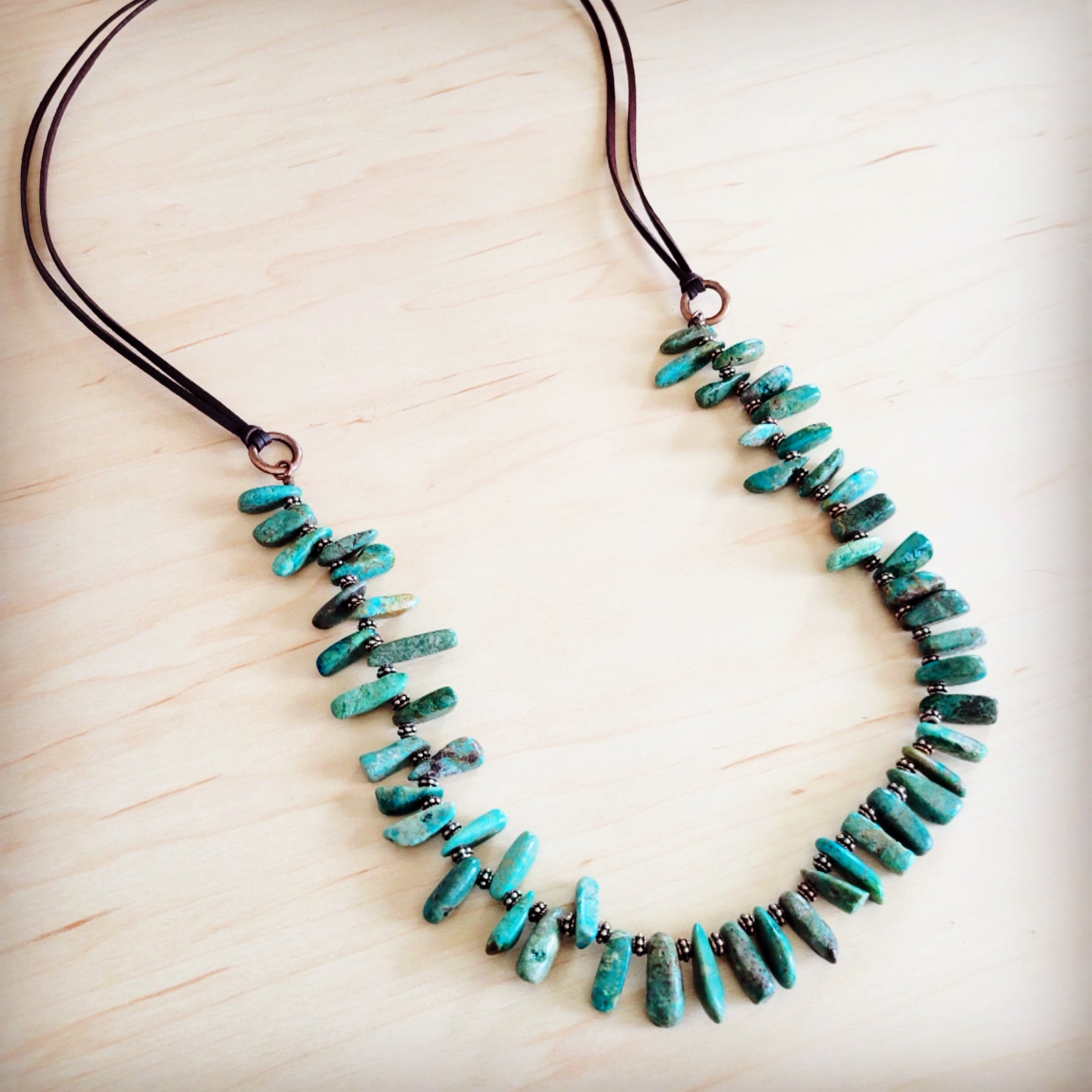 Natural Turquoise Stacked Stone Necklace with Leather Ties 263e