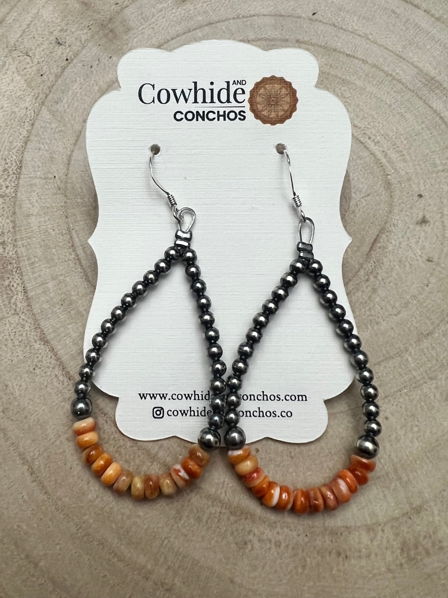 Sterling Silver Pearl & Orange Spiny Oyster Teardrop Earrings - 2 1/2 inch drop