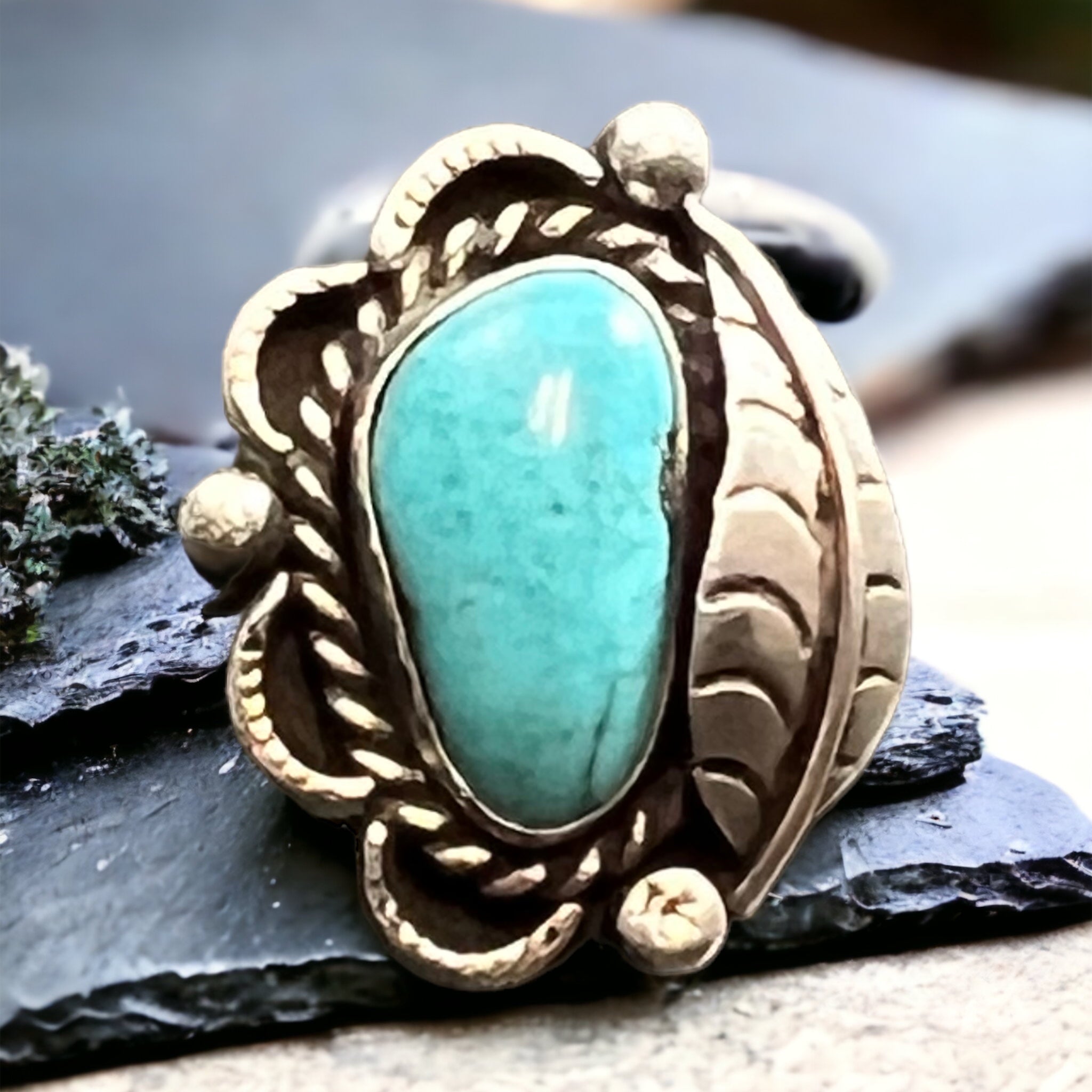 Turquoise ring - Turquoise on hand stamped sterling silver with leaf - Size 7